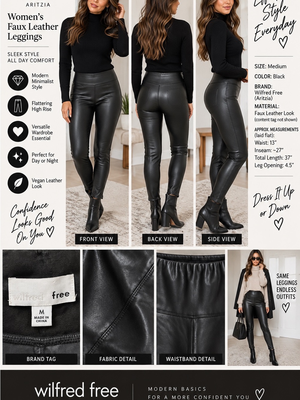 Wilfred Free Aritzia Faux Leather Leggings Pants Women’s M Black High Rise